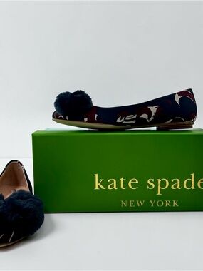 Kate Spade Elen Flats Size 7 Navy Multi Pom Pom Ballet Shoes NIB